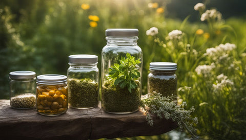 mason jars of various sizes, each filled with a different herbal supplement