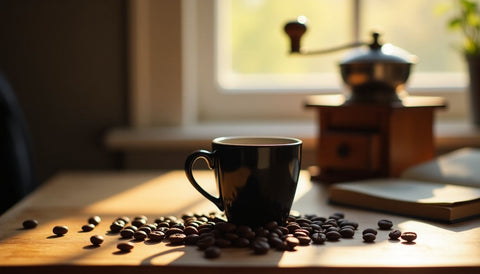 A black coffee cup with scattered beans and vintage grinder.