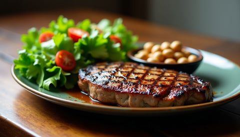 Grilled steak, fresh salad, and mixed nuts on a wooden table.