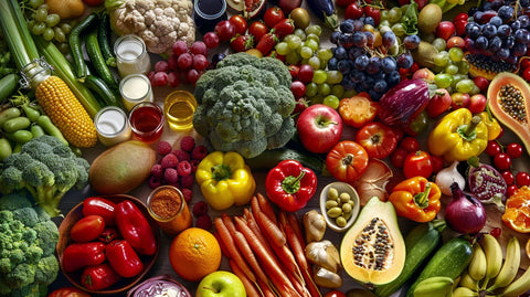 an overhead view of a wide of variety of fruits and vegetables