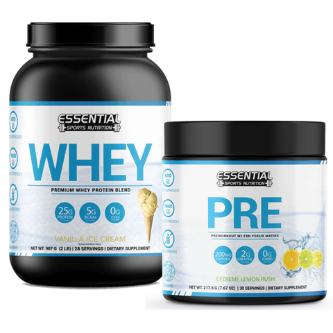 Whey Protein | Vanilla Ice Cream 2lb + PRE | Extreme Lemon Rush - Essential Sports Nutrition